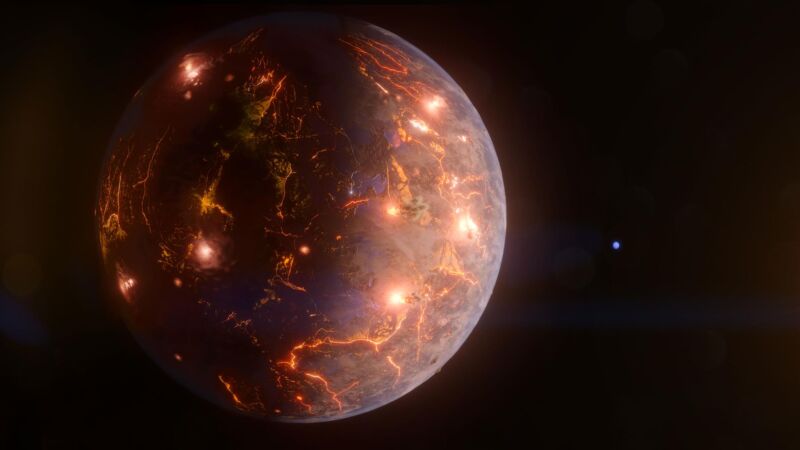Image of a planet covered in red glowing cracks and spots