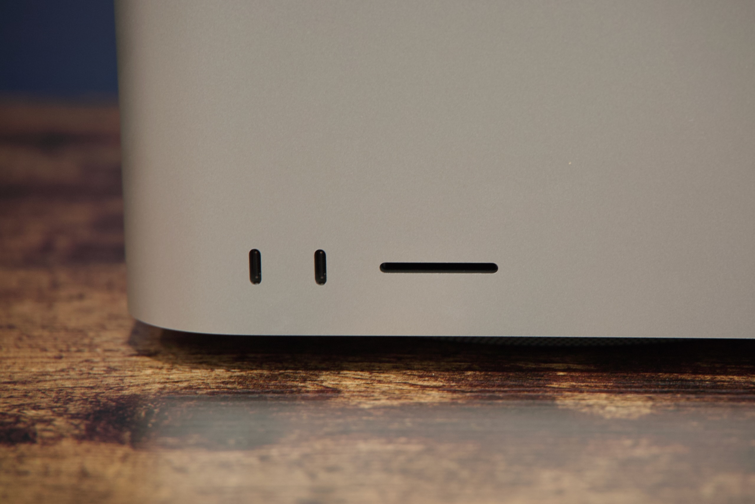 Ports on the front, one of the Mac Studio's killer features. On the M2 Ultra Studio, these are Thunderbolt ports; on the M2 Max., they're 10Gbps USB-C. 