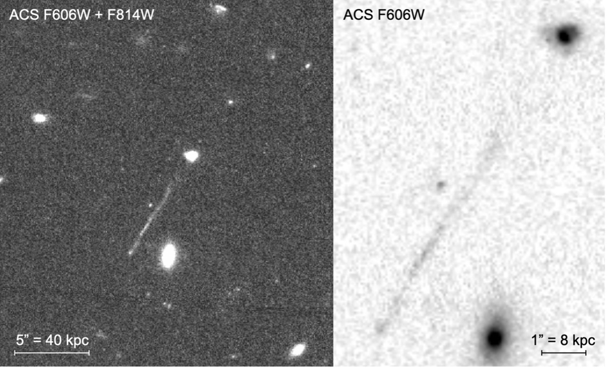 The streak (center in both images) appears to originate in a galaxy in the upper right at two different wavelengths.