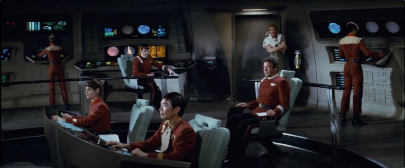 The crew of the <em>Enterprise</em> in <em>Star Trek II: The Wrath of Khan</em>, a film with many references to Starfleet Academy.